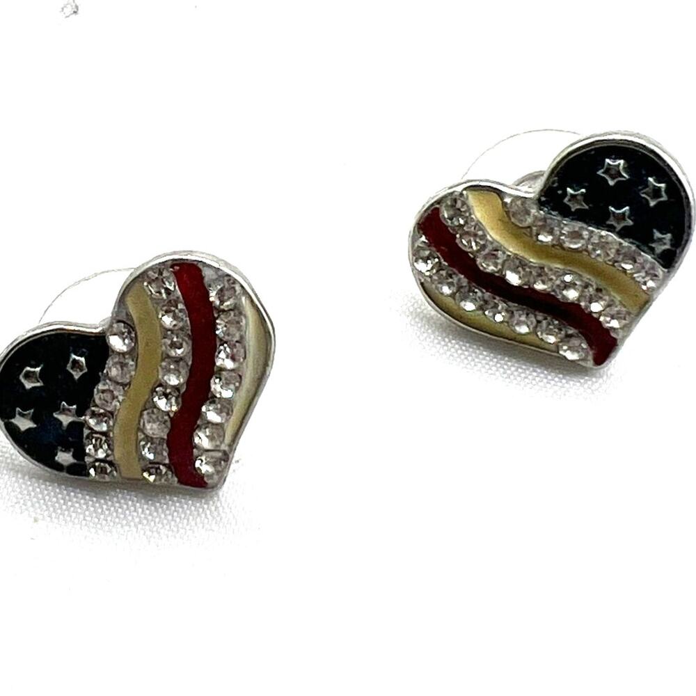 USA crystal enamel heart American flag patriotic stud earrings 4th of July